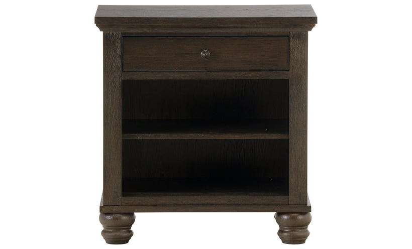 Dark wooden nightstand with a drawer and two shelves on a white background